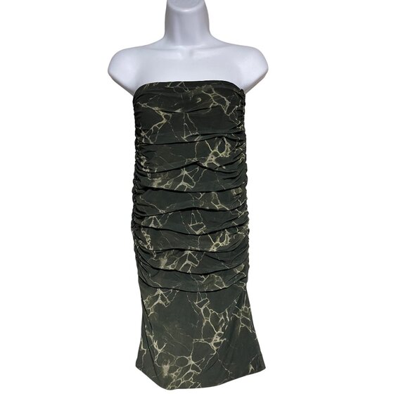 Zara Dresses & Skirts - Zara Deep Green Marble Print Mesh Ruched BodyCon Strapless Mini Dress Size Small